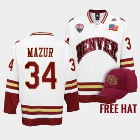 Carter Mazur Denver Pioneers 34 College Hockey White 2022 Jersey