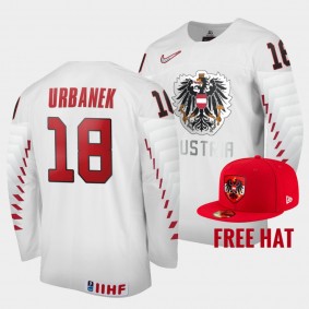 Austria Hockey #18 Martin Urbanek 2022 IIHF World Junior Championship White Jersey Free Hat