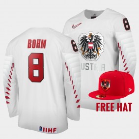 Austria Hockey #8 Mathias Bohm 2022 IIHF World Junior Championship White Jersey Free Hat
