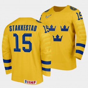 Sweden Hockey #15 Ake Stakkestad 2022 IIHF World Junior Championship Gold Jersey Home