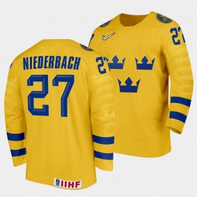 Sweden Hockey #27 Theodor Niederbach 2022 IIHF World Junior Championship Gold Jersey Home