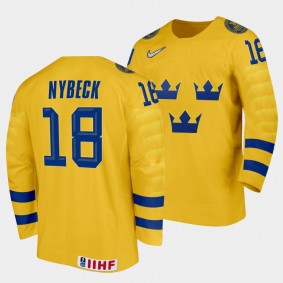 Sweden Hockey #18 Zion Nybeck 2022 IIHF World Junior Championship Gold Jersey Home