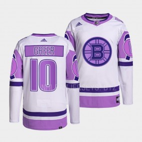 Hockey Fights Cancer A.J. Greer Boston Bruins White Purple #10 Primegreen Jersey 2022