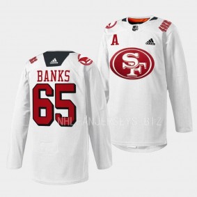 San Jose Sharks 2022 49er Mash-Up Aaron Banks #65 White Jersey Specialty Warm-Up