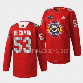 Native American Heritage Adam Beckman Minnesota Wild Red #53 Warmup Jersey 2022