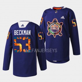 Minnesota Wild 2022 Indigenous Celebration Night Adam Beckman #53 Navy Jersey Warmup