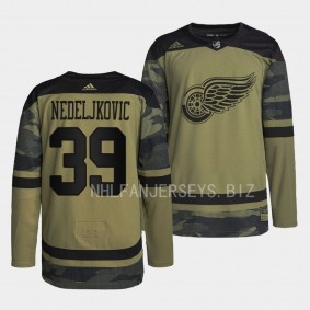 Detroit Red Wings 2022 Veterans Day Alex Nedeljkovic #39 Camo Warmup Jersey Men's