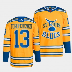 St. Louis Blues 2022 Reverse Retro 2.0 Alexei Toropchenko #13 Yellow Jersey Authentic Primegreen