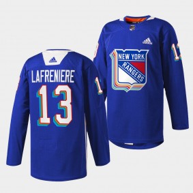 New York Rangers Alexis Lafreniere Pride Night #13 Royal Jersey Warmup