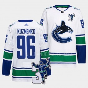 Andrei Kuzmenko Vancouver Canucks Kevin Bieska patch White #96 Away Jersey Men's