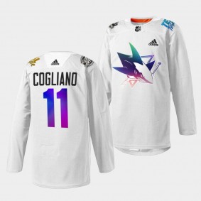 San Jose Sharks Andrew Cogliano Pride Night 2022 #11 White Jersey HockeyIsForEveryone