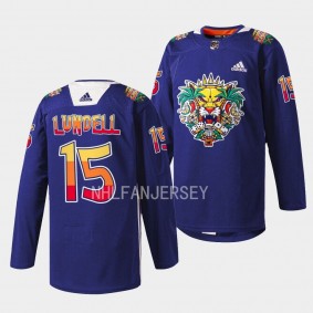 Florida Panthers 2023 Vamos Gatos Anton Lundell #15 Navy Jersey Warmups