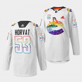 Vancouver Canucks Bo Horvat Pride Night #53 White Jersey Mio Artwork Warmup