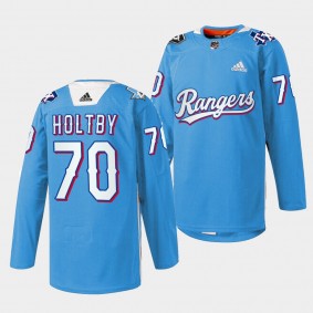 Dallas Stars Braden Holtby Texas Rangers Night 2022 #70 Blue Jersey Warmup