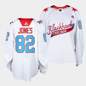 Chicago Blackhawks Caleb Jones One Community Night #82 White Jersey Warm-Up