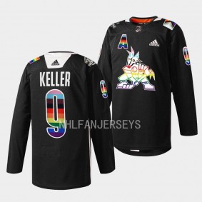 Arizona Coyotes 2023 Pride Night Clayton Keller #9 Black Jersey Warm-Up