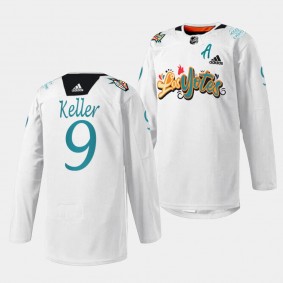 Arizona Coyotes 2023 Los Yotes Night Clayton Keller #9 White Jersey Warmup