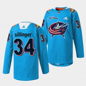 Columbus Blue Jackets Cole Sillinger Kids Takeover #34 Blue Jersey Warmup