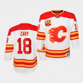 Connor Zary youth Jersey Flames 2020 NHL Draft White Away 40th Anniversary logo Jersey