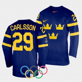 Sweden Women's Hockey #29 Olivia Carlsson 2022 Winter Olympics Navy Jersey Away