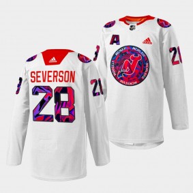 New Jersey Devils Damon Severson Gender Equality Night #28 White Jersey Warm-up