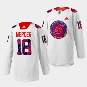 New Jersey Devils Dawson Mercer Gender Equality Night #18 White Jersey Warm-up