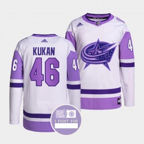 Columbus Blue Jackets Dean Kukan Hockey Fights Cancer Jersey #46 Purple White Authentic Pro