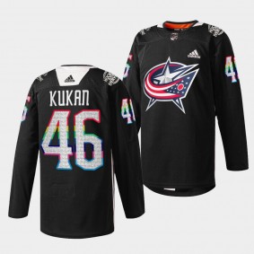 Columbus Blue Jackets Dean Kukan HockeyIsForEveryone #46 Black Jersey Warmup