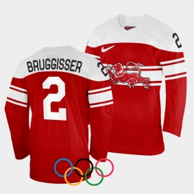 Denmark Hockey #2 Phillip Bruggisser 2022 Winter Olympics Red Jersey Away