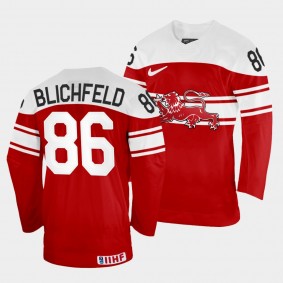 Joachim Blichfeld 2022 IIHF World Championship Denmark Hockey #86 Red Jersey Away