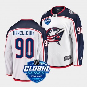 Elvis Merzlikins Columbus Blue Jackets 2022 NHL Global Series White Away Jersey Men's