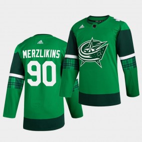 Elvis Merzlikins #90 Blue Jackets 2020 St. Patrick's Day Authentic Player Green Jersey Men's