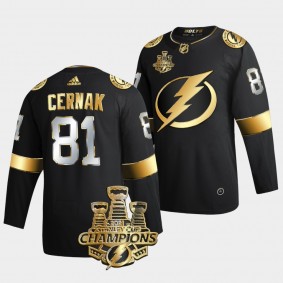 3x Stanley Cup Champions Tampa Bay Lightning Erik Cernak Black Golden Authentic 81 Jersey