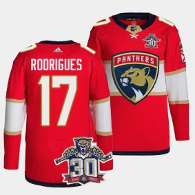 Florida Panthers 30th Anniversary Evan Rodrigues #17 Red Authentic Home Jersey Men's