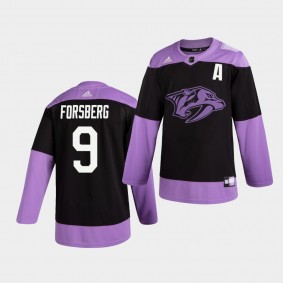 Filip Forsberg #9 Predators Hockey Fights Cancer Practice Black Jersey