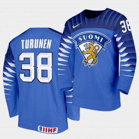 Finland Team Teemu Turunen 2021 IIHF World Championship #38 Away Blue Jersey