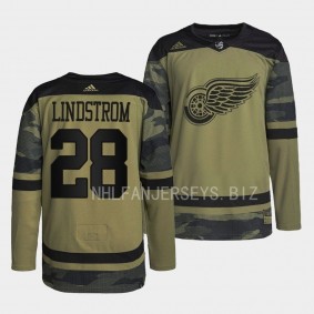 Detroit Red Wings 2022 Veterans Day Gustav Lindstrom #28 Camo Warmup Jersey Men's