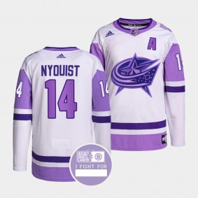 Columbus Blue Jackets Gustav Nyquist Hockey Fights Cancer Jersey #14 Purple White Authentic Pro