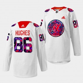 New Jersey Devils Jack Hughes Gender Equality Night #86 White Jersey Warm-up