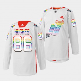 Jack Hughes New Jersey Devils LGBTQ Pride Night 2022 White Warmup Jersey