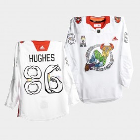 New Jersey Devils 2022-23 Pride Jack Hughes #86 White Jersey Warm-Up