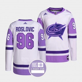 Columbus Blue Jackets Jack Roslovic Hockey Fights Cancer Jersey #96 Purple White Authentic Pro