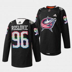 Columbus Blue Jackets Jack Roslovic HockeyIsForEveryone #96 Black Jersey Warmup