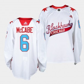 Chicago Blackhawks Jake McCabe One Community Night #6 White Jersey Warm-Up