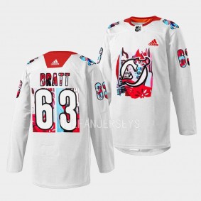 New Jersey Devils 2023 Gender Equality Night Jesper Bratt #63 White Jersey Warm-Up