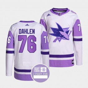 San Jose Sharks Jonathan Dahlen Hockey Fights Cancer Jersey #76 White Purple Primegreen