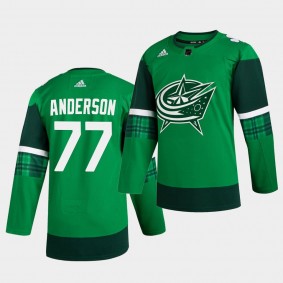 Josh Anderson #77 Blue Jackets 2020 St. Patrick's Day Authentic Player Green Jersey Men's