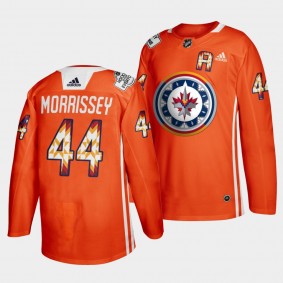 Winnipeg Jets Josh Morrissey 2022 WASAC Night #44 Orange Jersey Indigenous Warmup