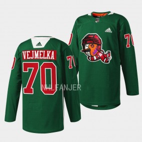 Arizona Coyotes 2022 Howliday Karel Vejmelka #70 Green Jersey Warmup