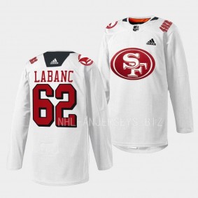 San Jose Sharks 2022 49er Mash-Up Kevin Labanc #62 White Jersey Specialty Warm-Up